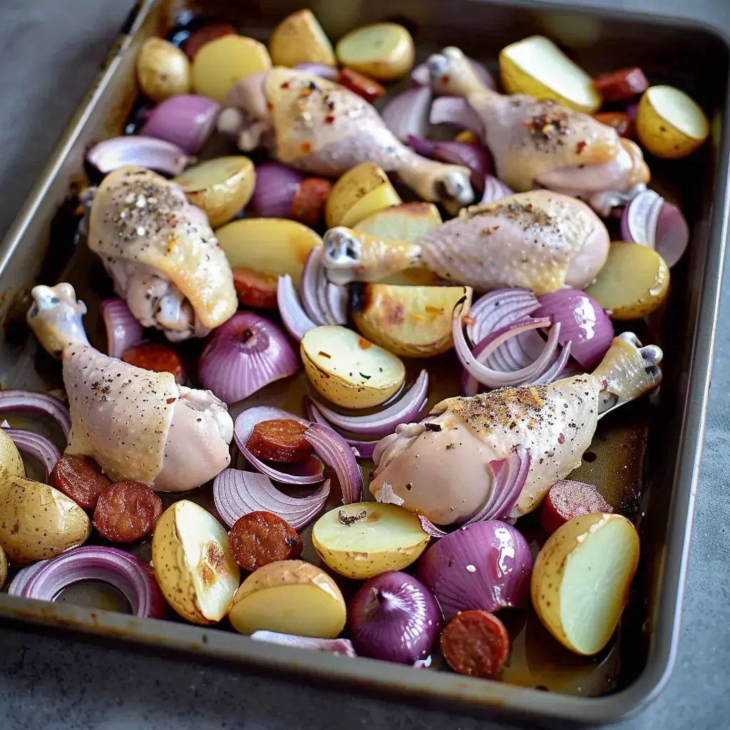 Poulet rôti avec pommes fondantes et oignons rouges dans un plat.
