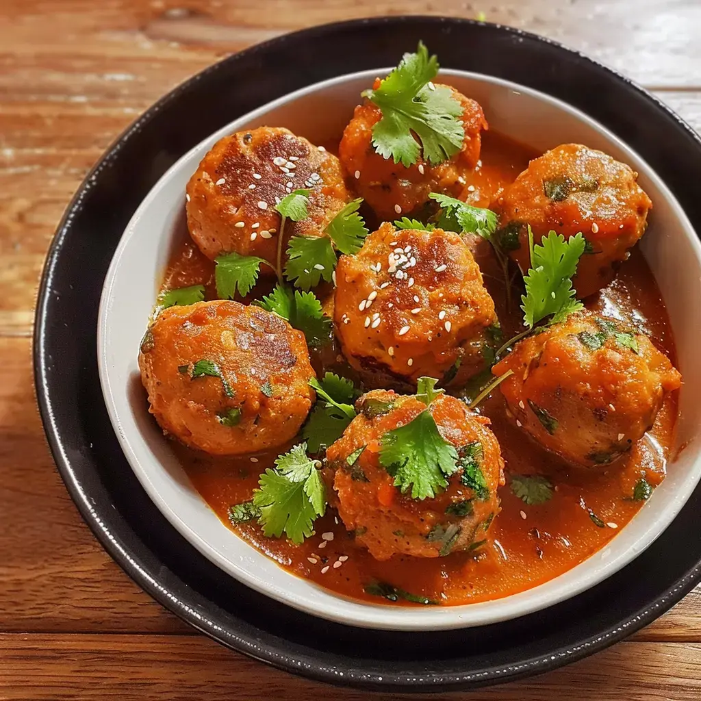 Un dîner de boulettes appétissant dans une sauce onctueuse rouge, agrémentées de graines de sésame et coriandre.
