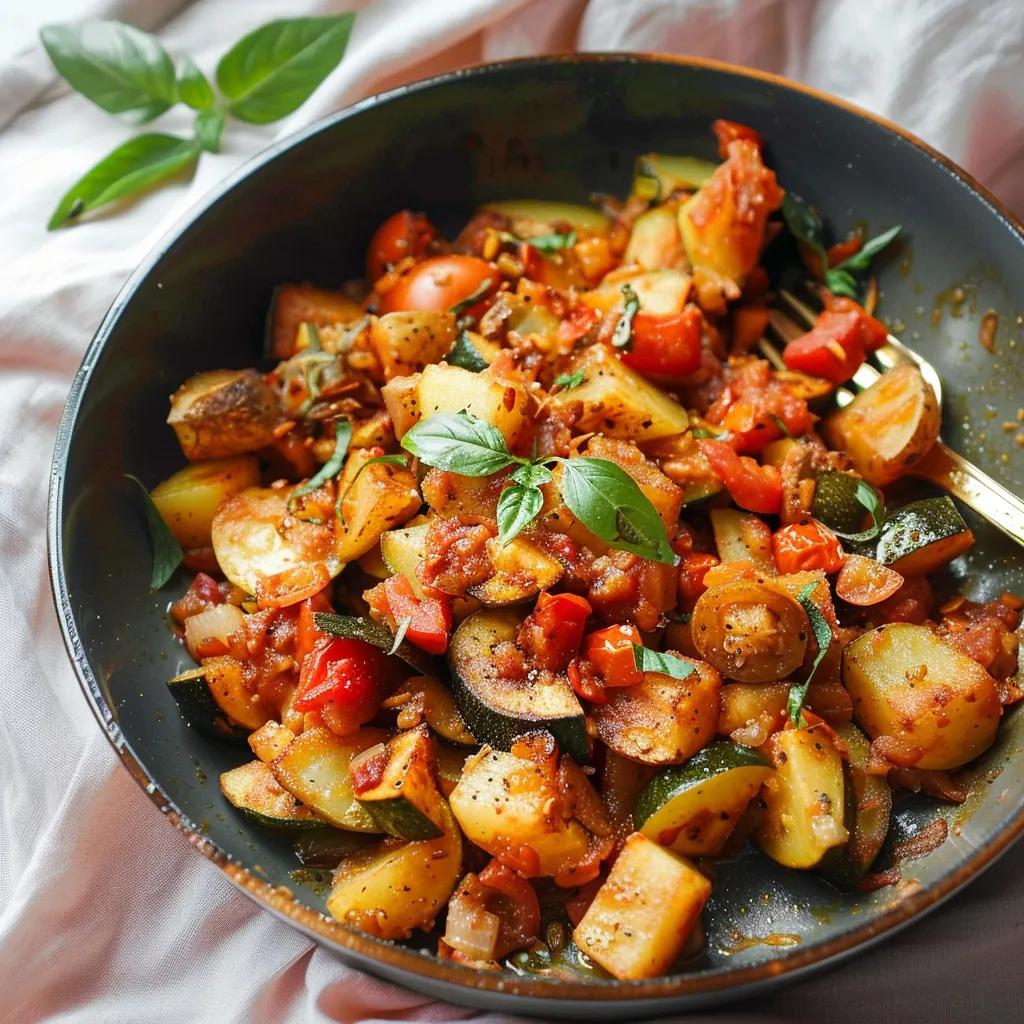 Pommes de terre sautées, courgettes & tomates fraîches