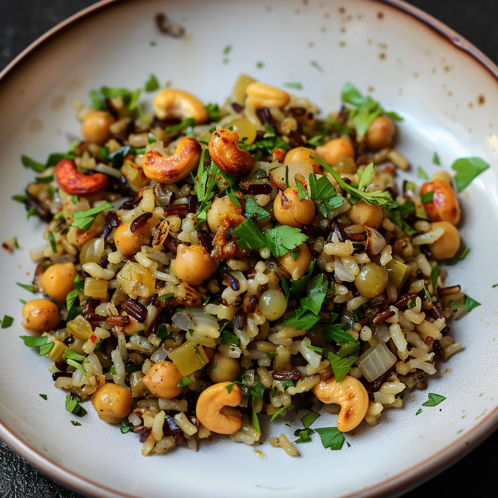 Riz savoureux aux épices, pois chiches et cajous grillées