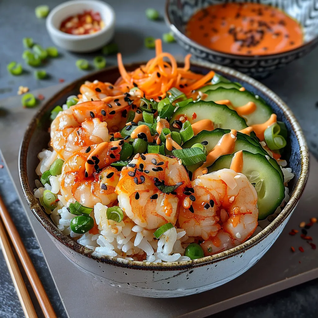 Riz et Crevettes Épicées avec Garnitures Fraîches