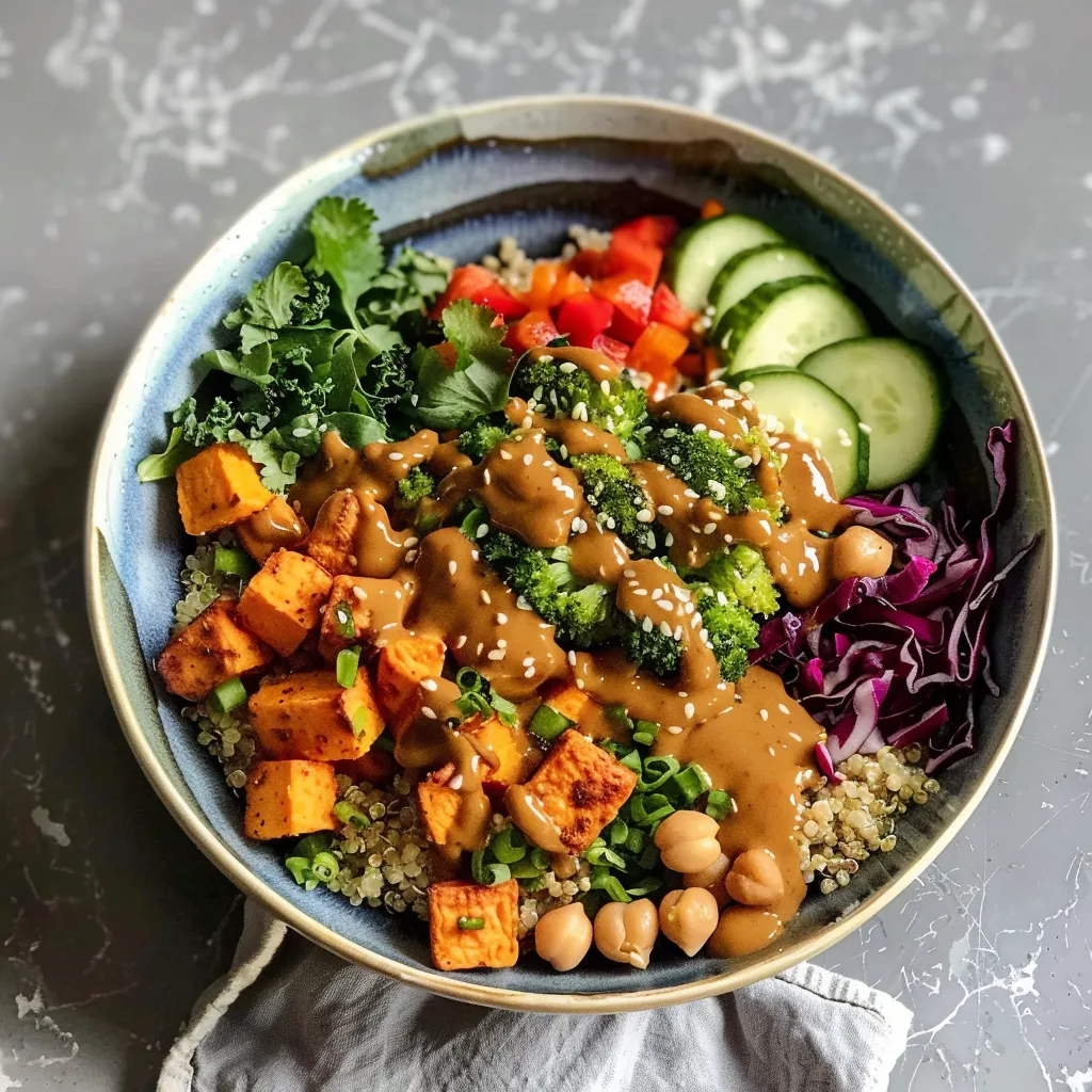 Bol végétarien avec patates douces et sauce thaï aux cacahuètes