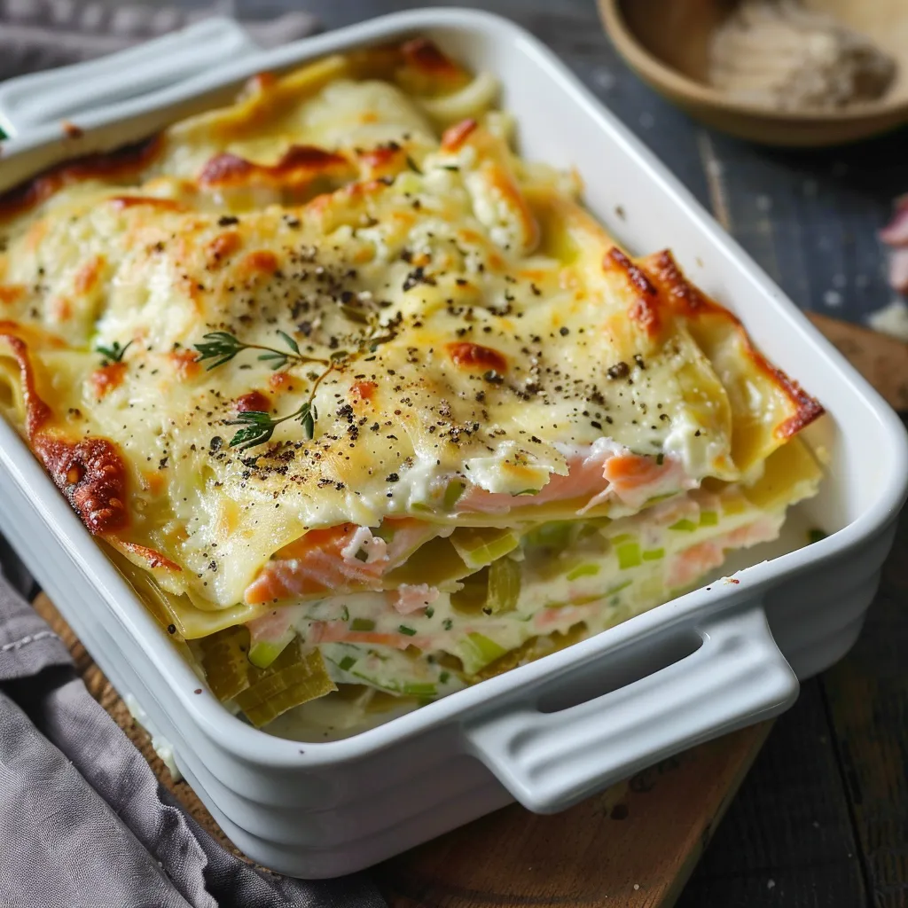 Lasagnes saumon poireaux chèvre frais