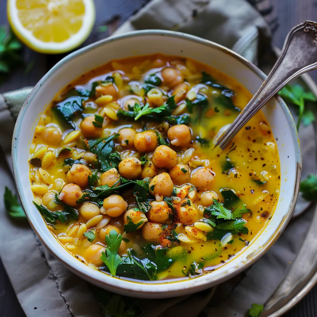 Plat curcuma, pois chiches, épinards et orzo