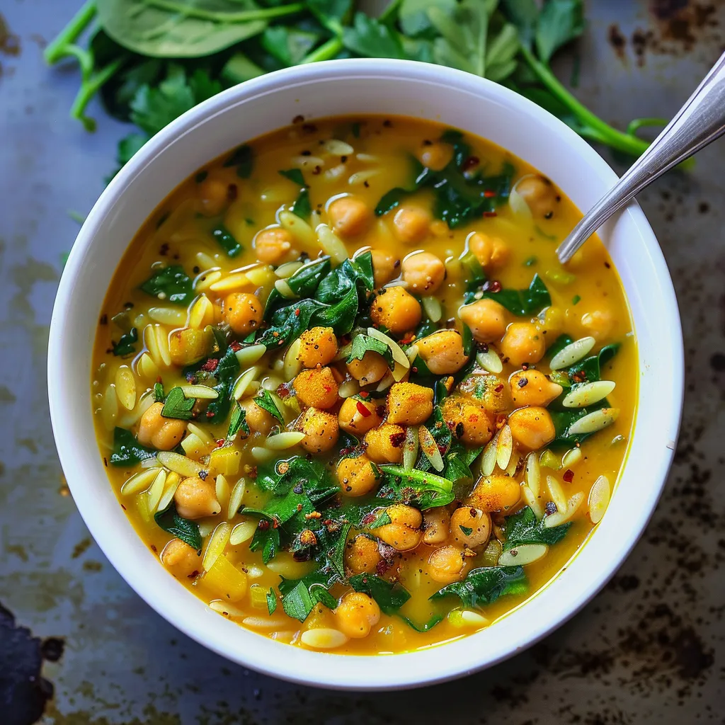 Soupe Curcuma Pois Chiche Orzo Épinards maison