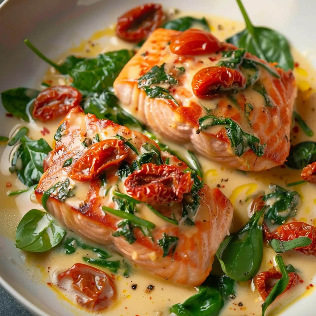 Saumon façon Toscane avec épinards, tomates et crème