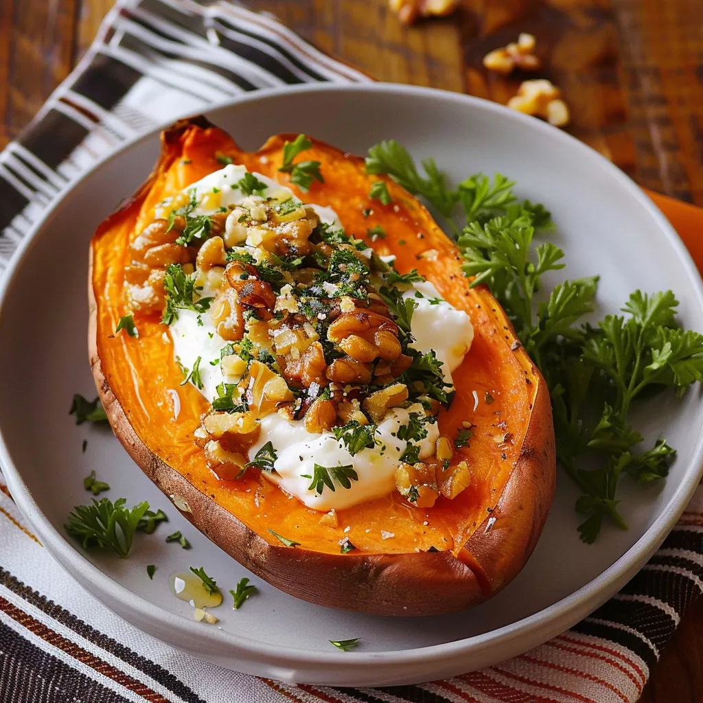 Patate douce fondante avec yaourt, noix et miel