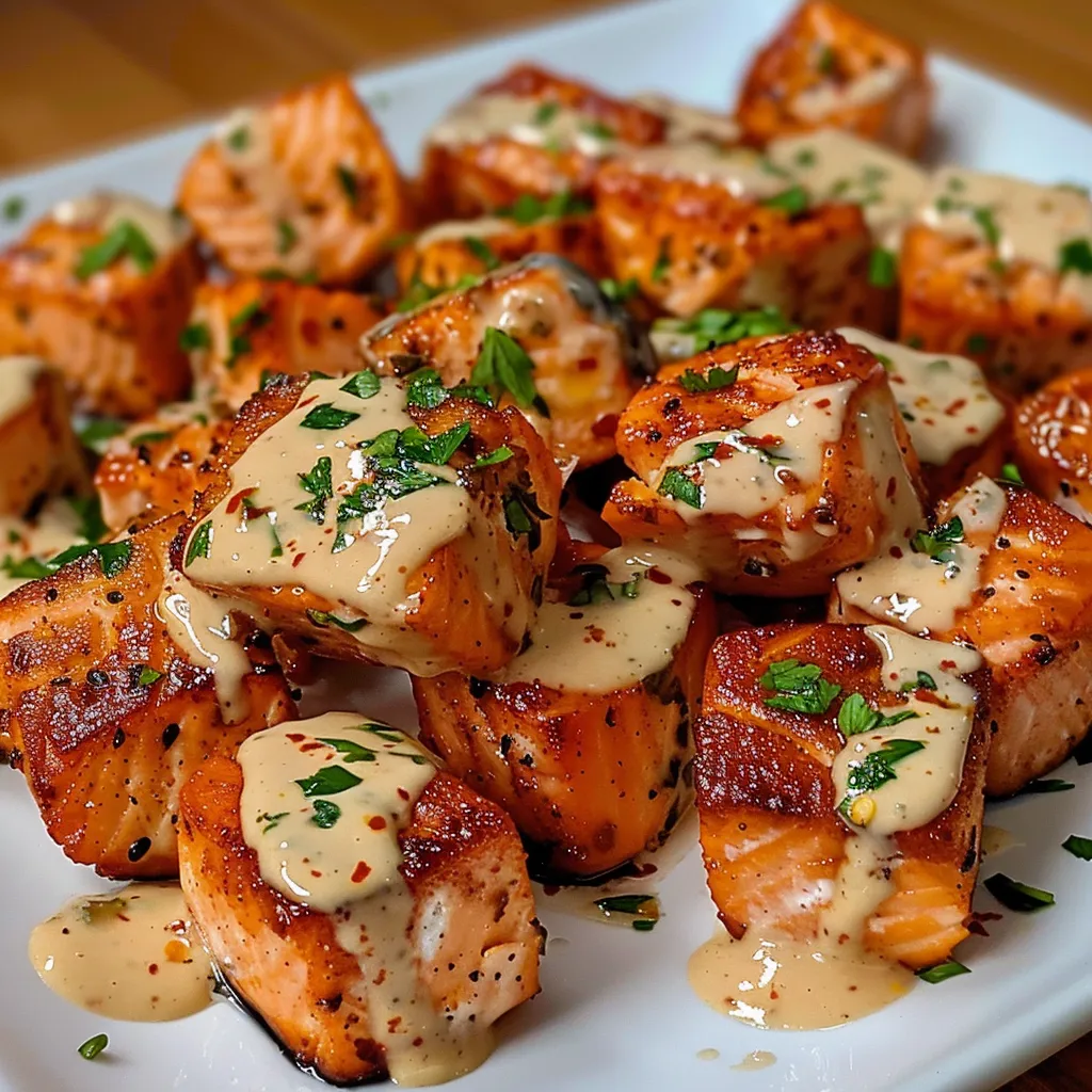 Petits dés croustillants de saumon servis avec sauce Bang Bang