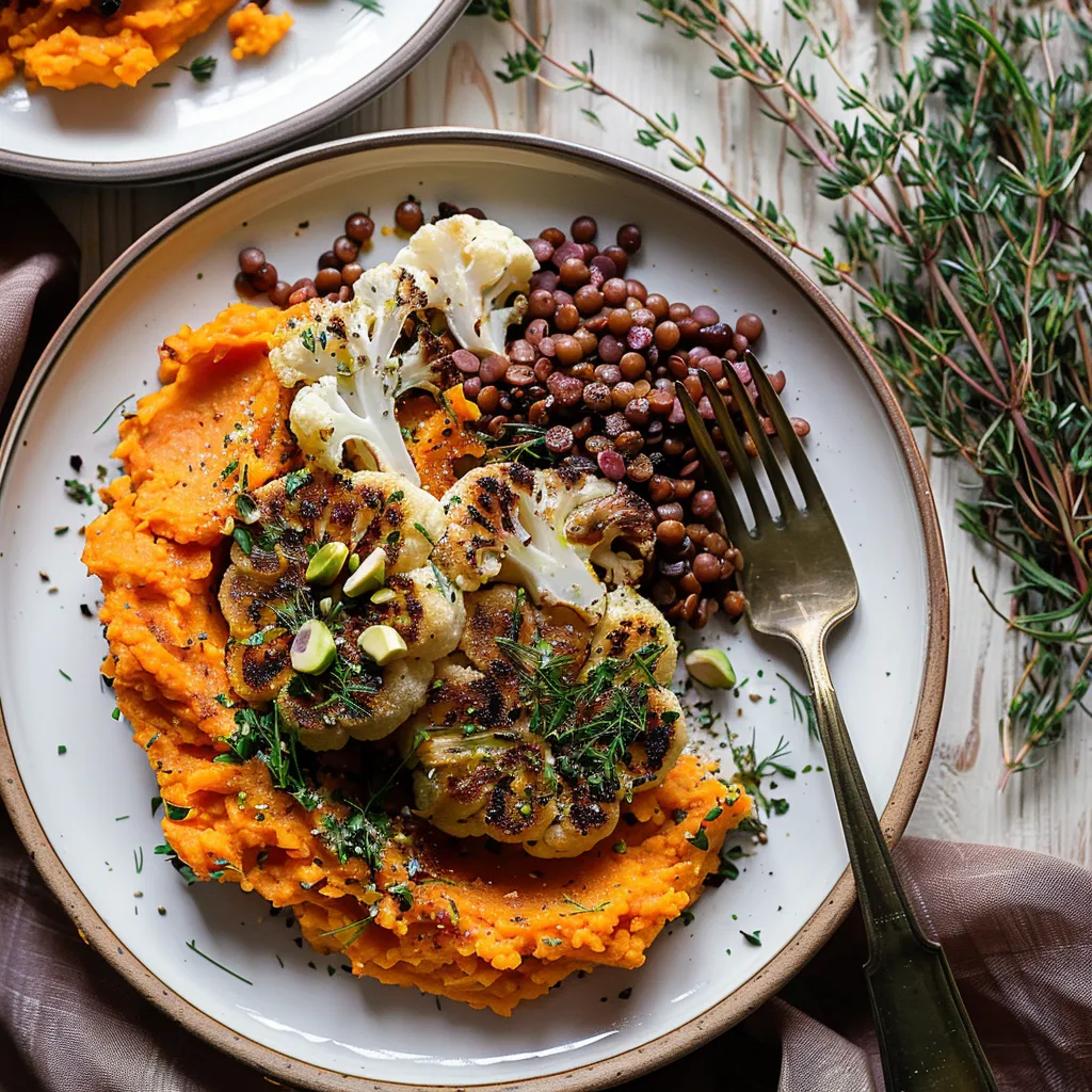 Steak de chou-fleur vegan au four avec purée de patate douce