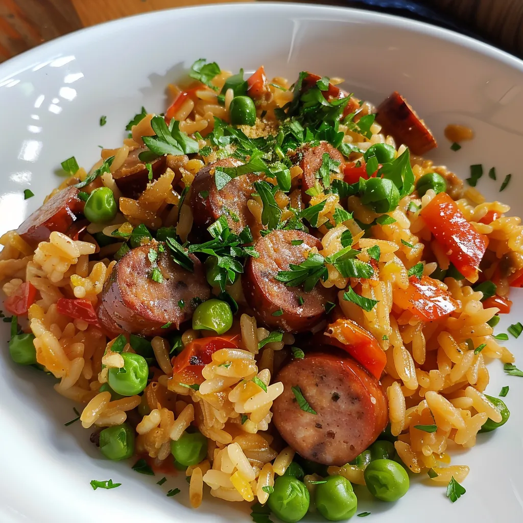 Saucisse avec riz et petits pois