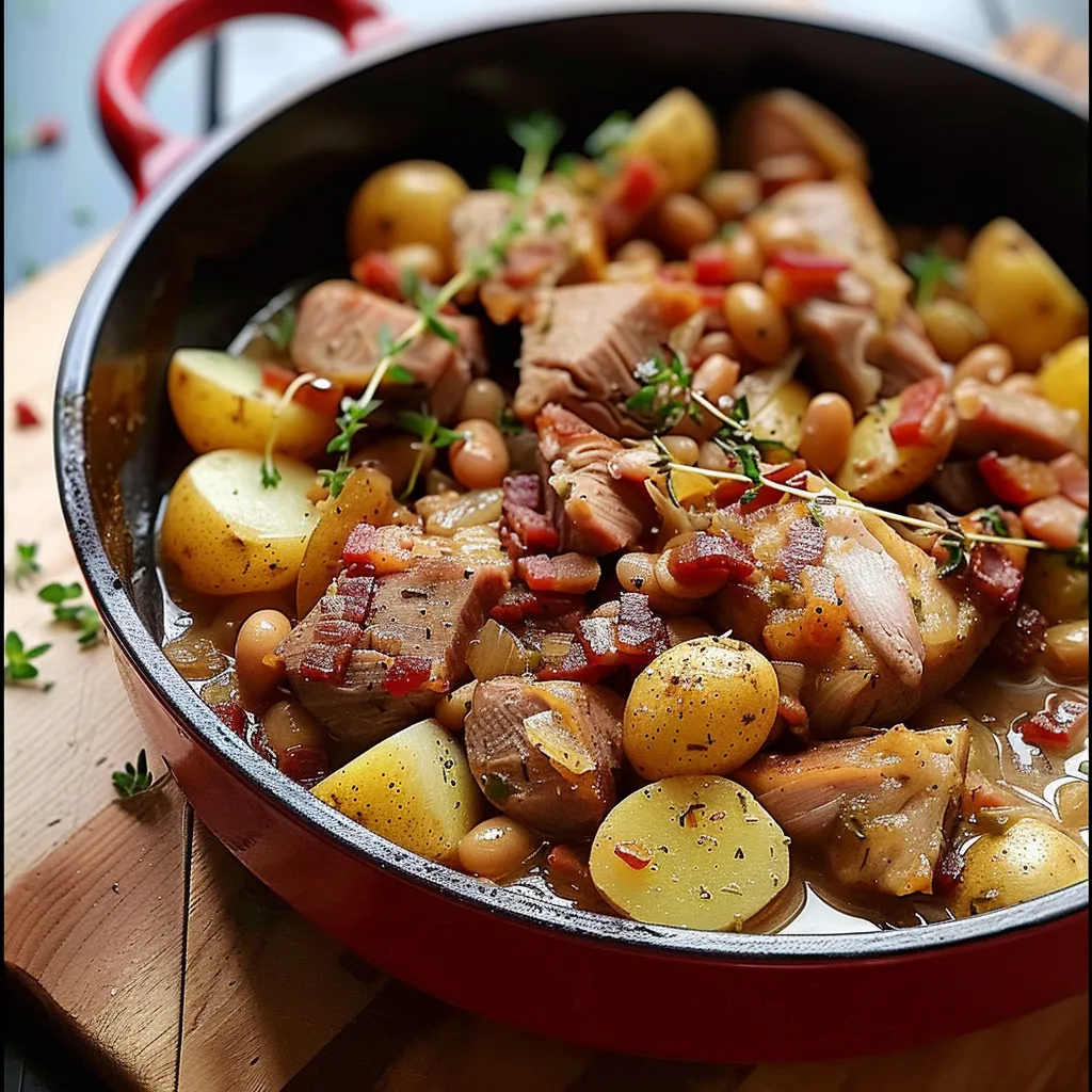 Porc mijoté aux flageolets, pommes de terre et lardons