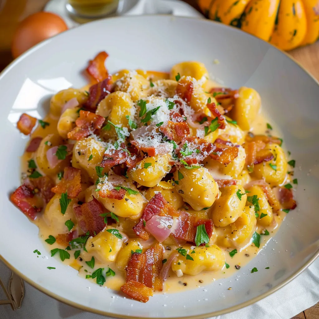 Gnocchis façon crème potimarron et bacon croustillant