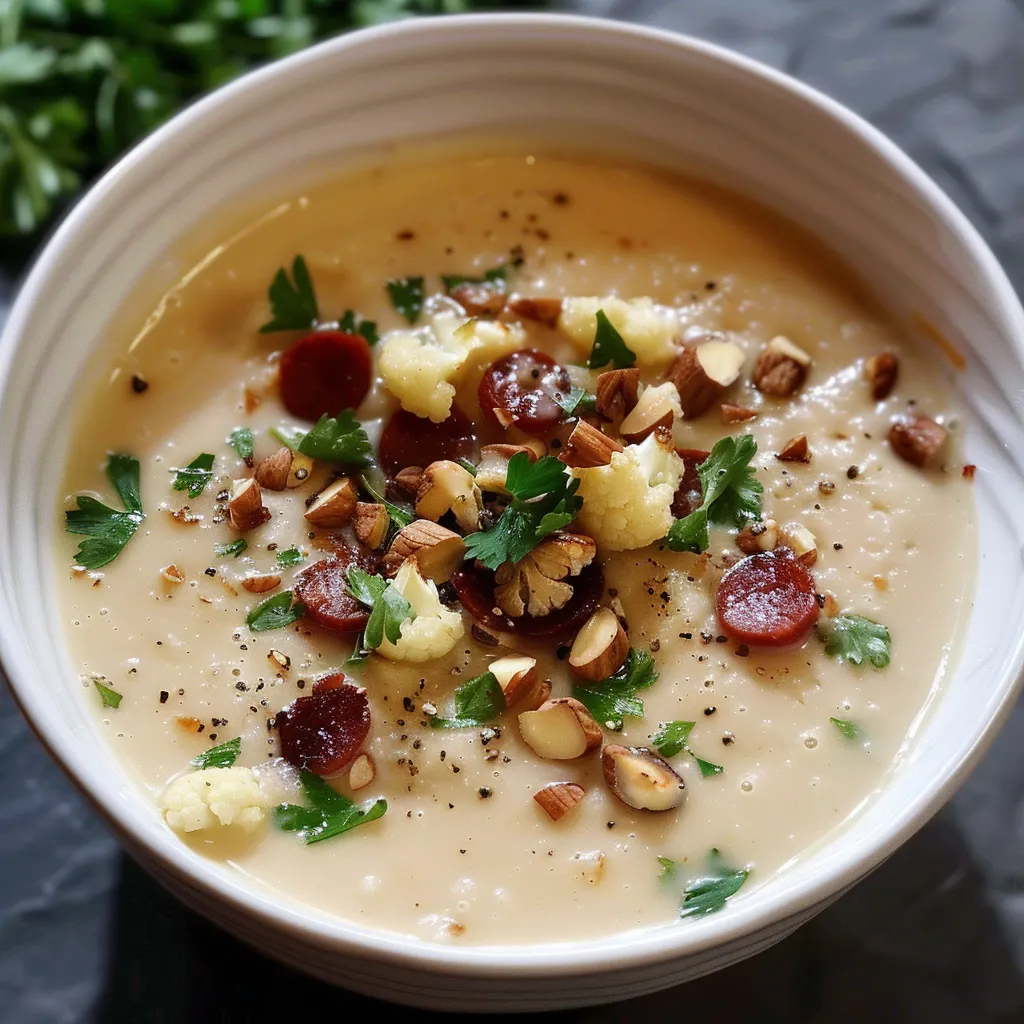 Soupe chaude de chou-fleur, chorizo, noisettes