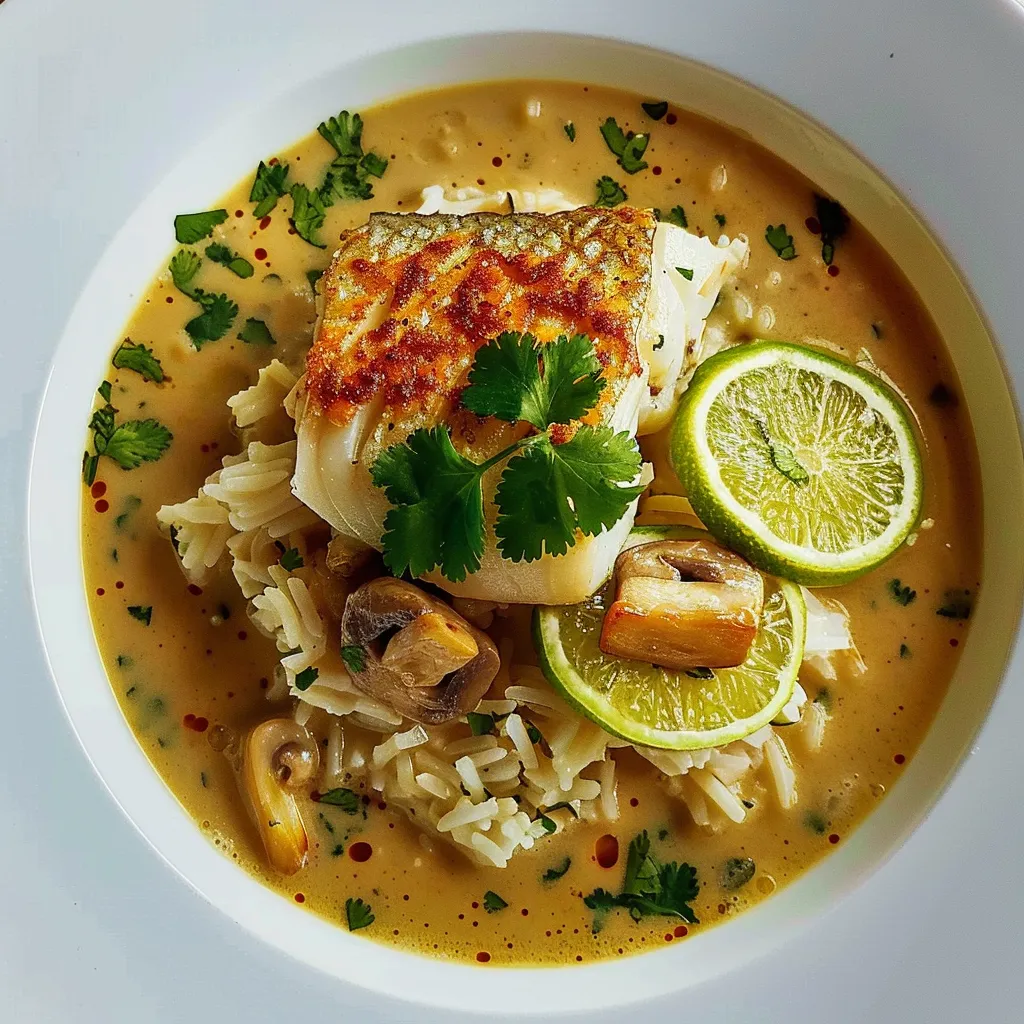 Filet de cabillaud dans son bouillon thaïl lait de coco saveurs d’Asie