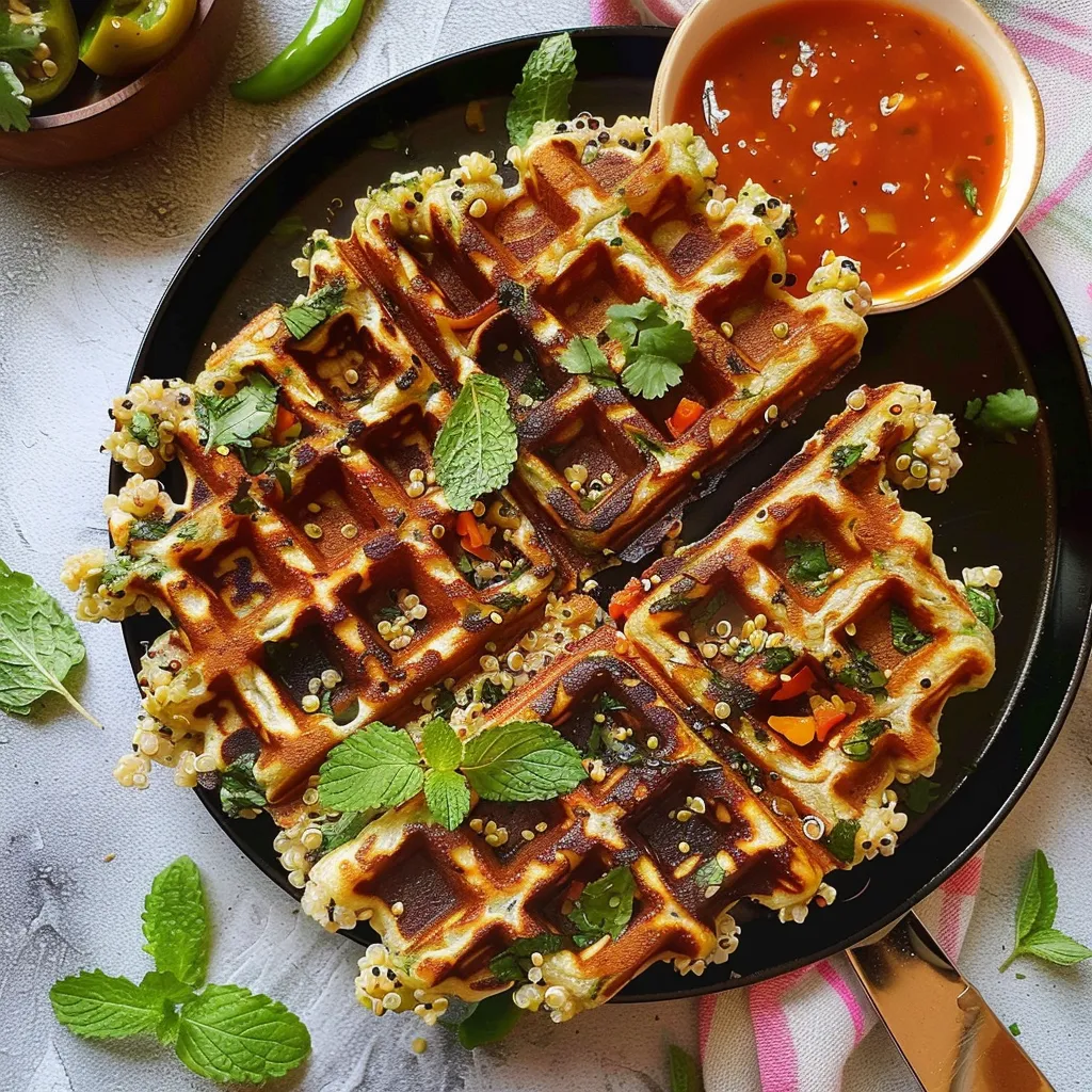 Gaufres quinoa-légumes saines et épicées servies sur salade verte