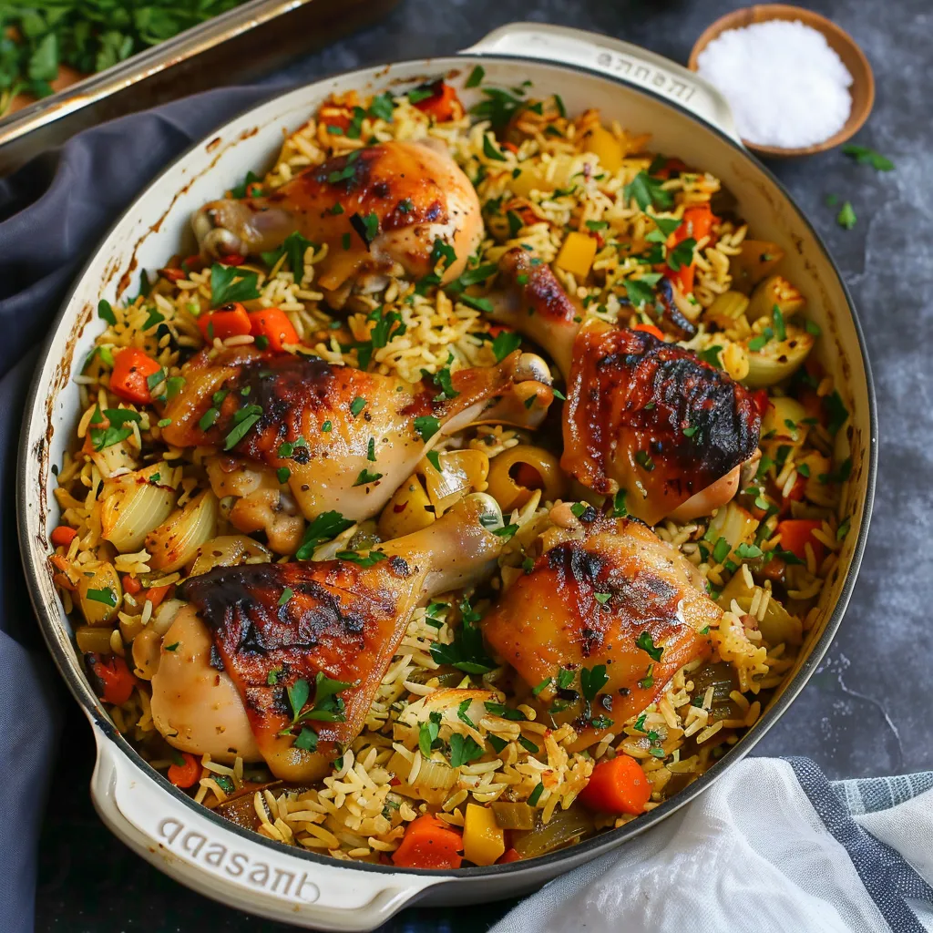 Poulet et légumes avec riz au four