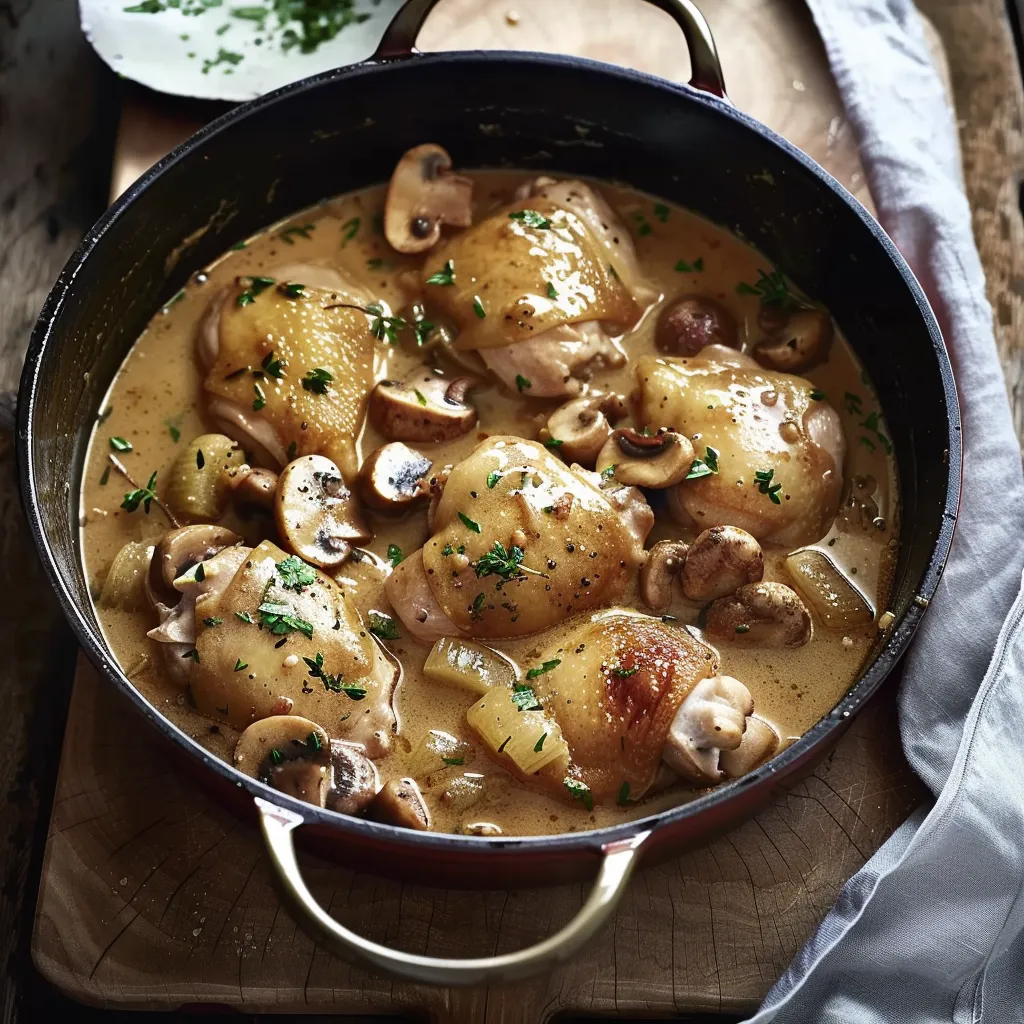 Mijoté de poulet au cidre avec sauce crémeuse et persil frais dans une cocotte française