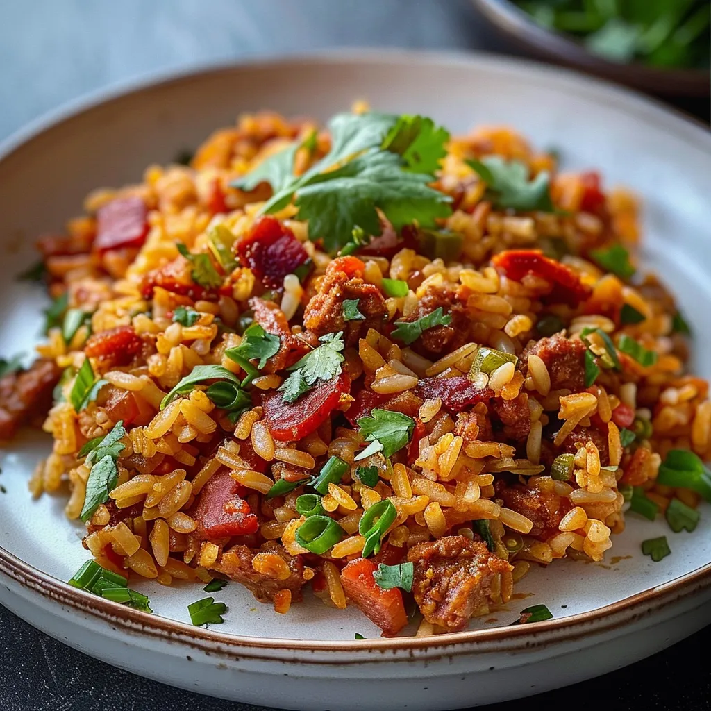 Chorizo et lardons dans un riz mexicain coloré