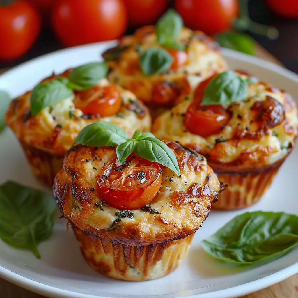 Muffins salés avec tomate, mozzarella et basilic
