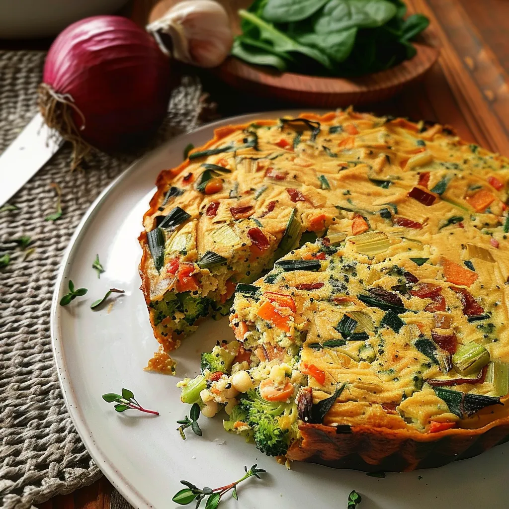 Quiche à la farine de pois chiches et légumes colorés
