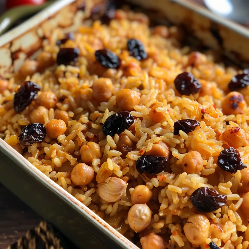 Riz au four doré, pois chiches fondants et raisins pour une touche espagnole