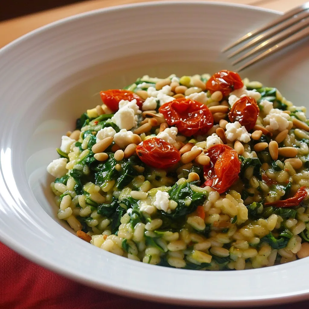 Risotto crémeux avec épinards, chèvre, citron et tomates confites