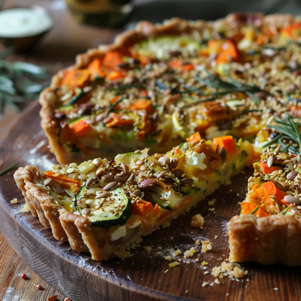 Tarte maison avec courgettes, carottes et graines croquantes, pâte de pois chiches