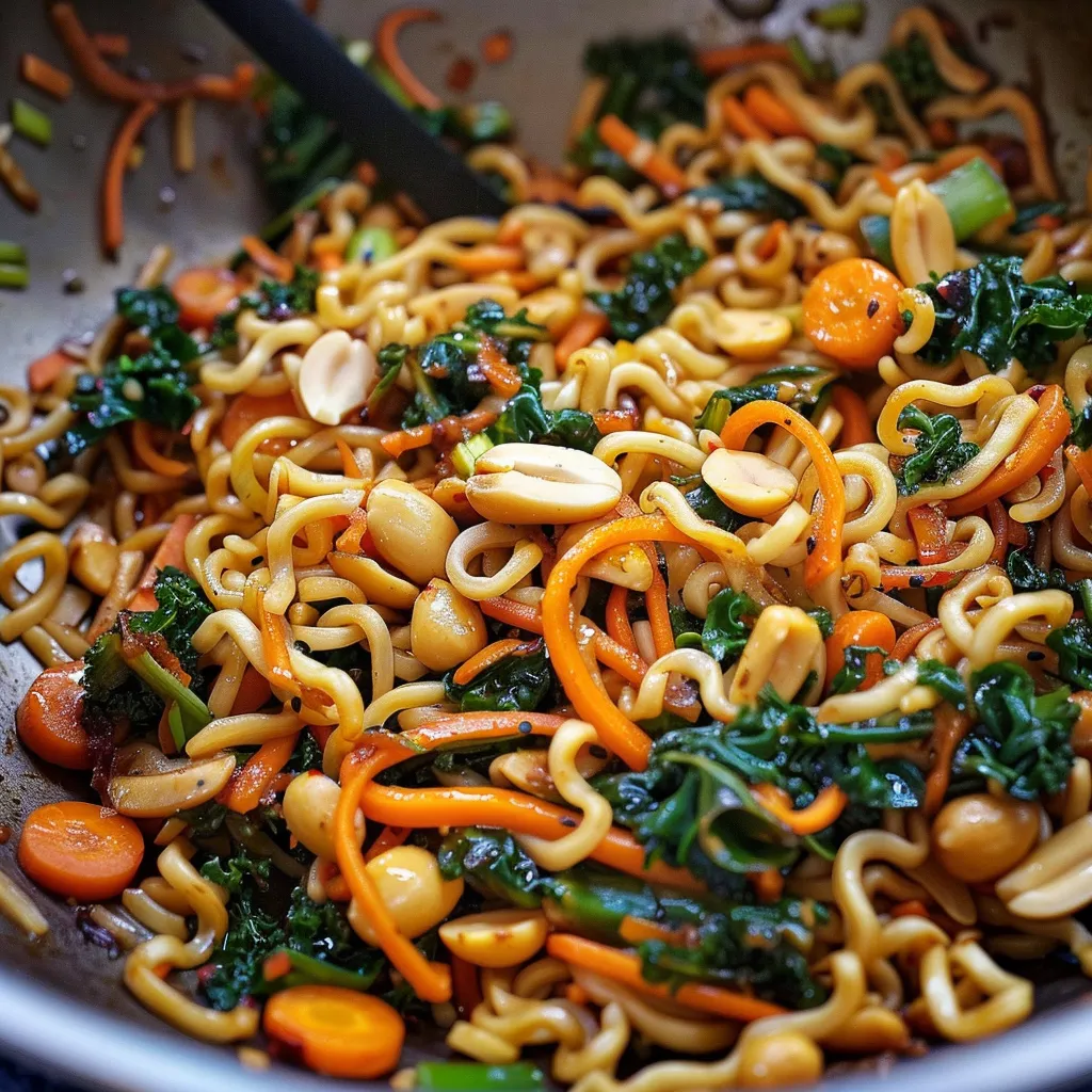 Pâtes légères au kale, légumes et touche de cacahuètes