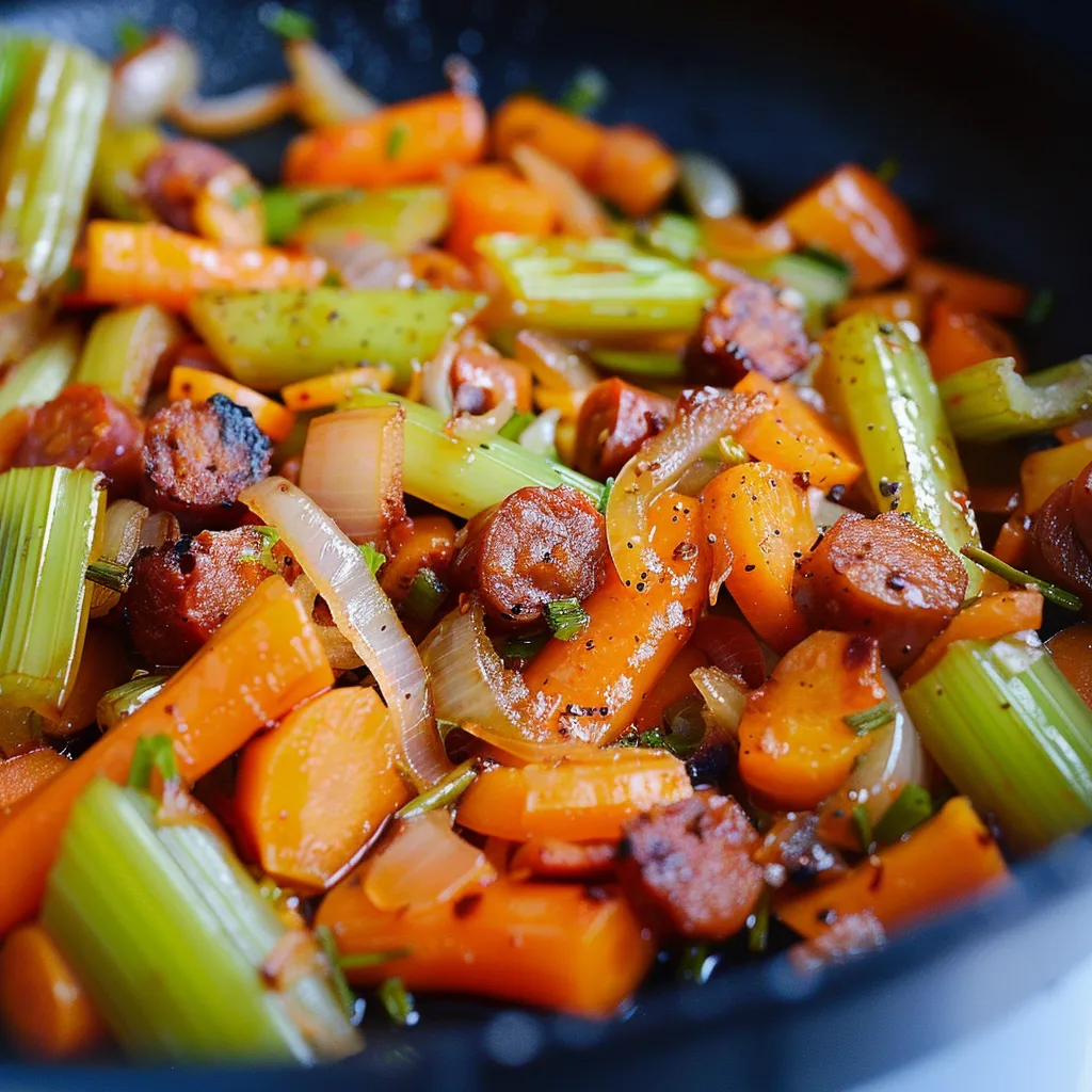 Poêlée de céleri branche aux carottes et saucisse de Morteau