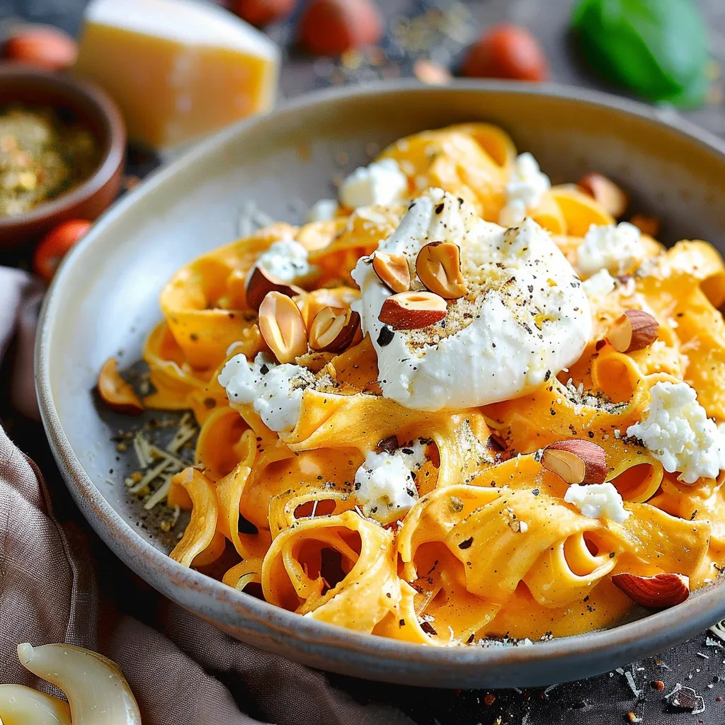 Pâtes à la crème de carottes, curry, noisettes et burrata