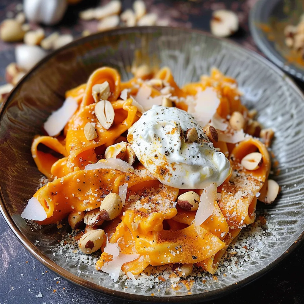 Tagliatelles crémeuses aux carottes, curry et burrata