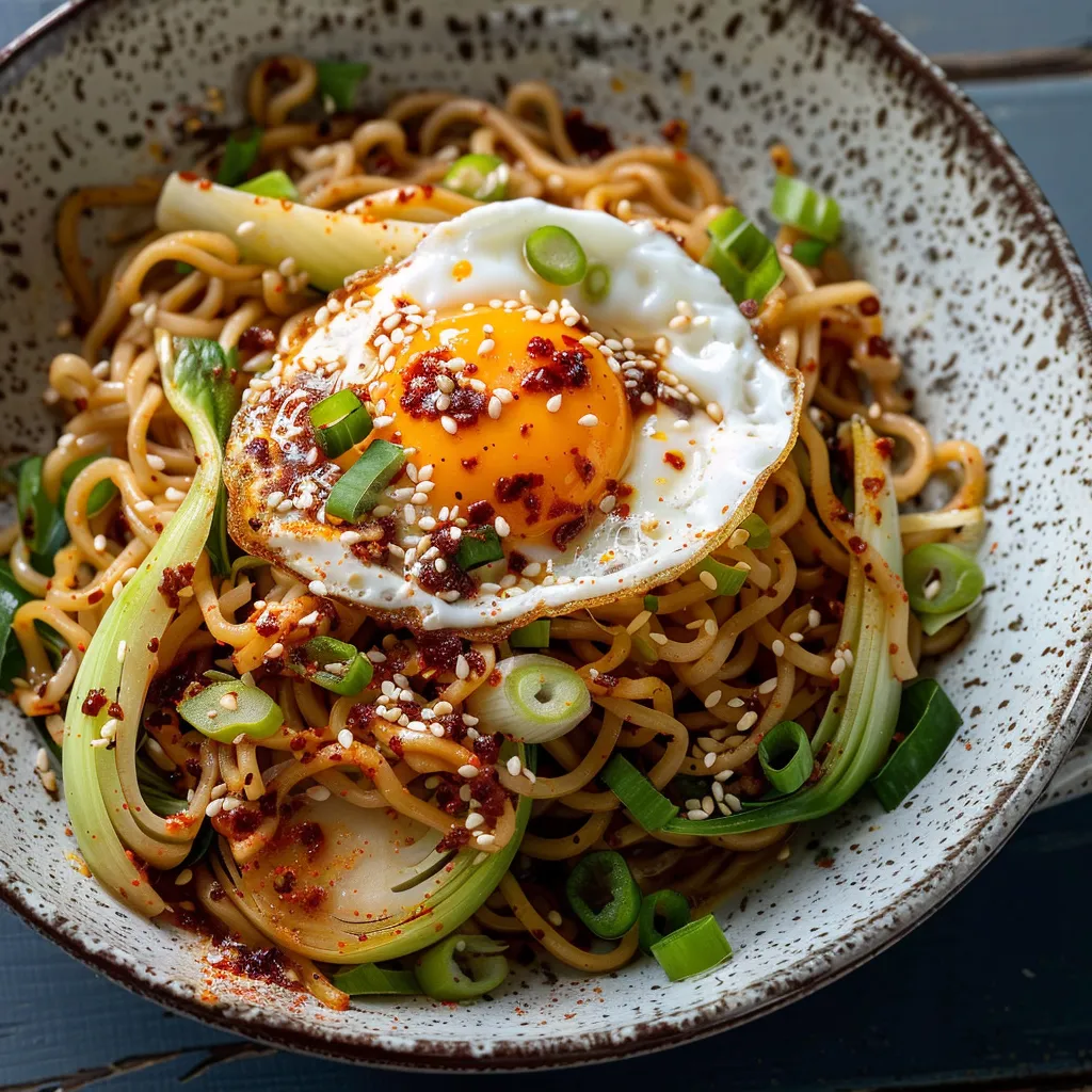 Nouilles sautées aux légumes et œuf au plat