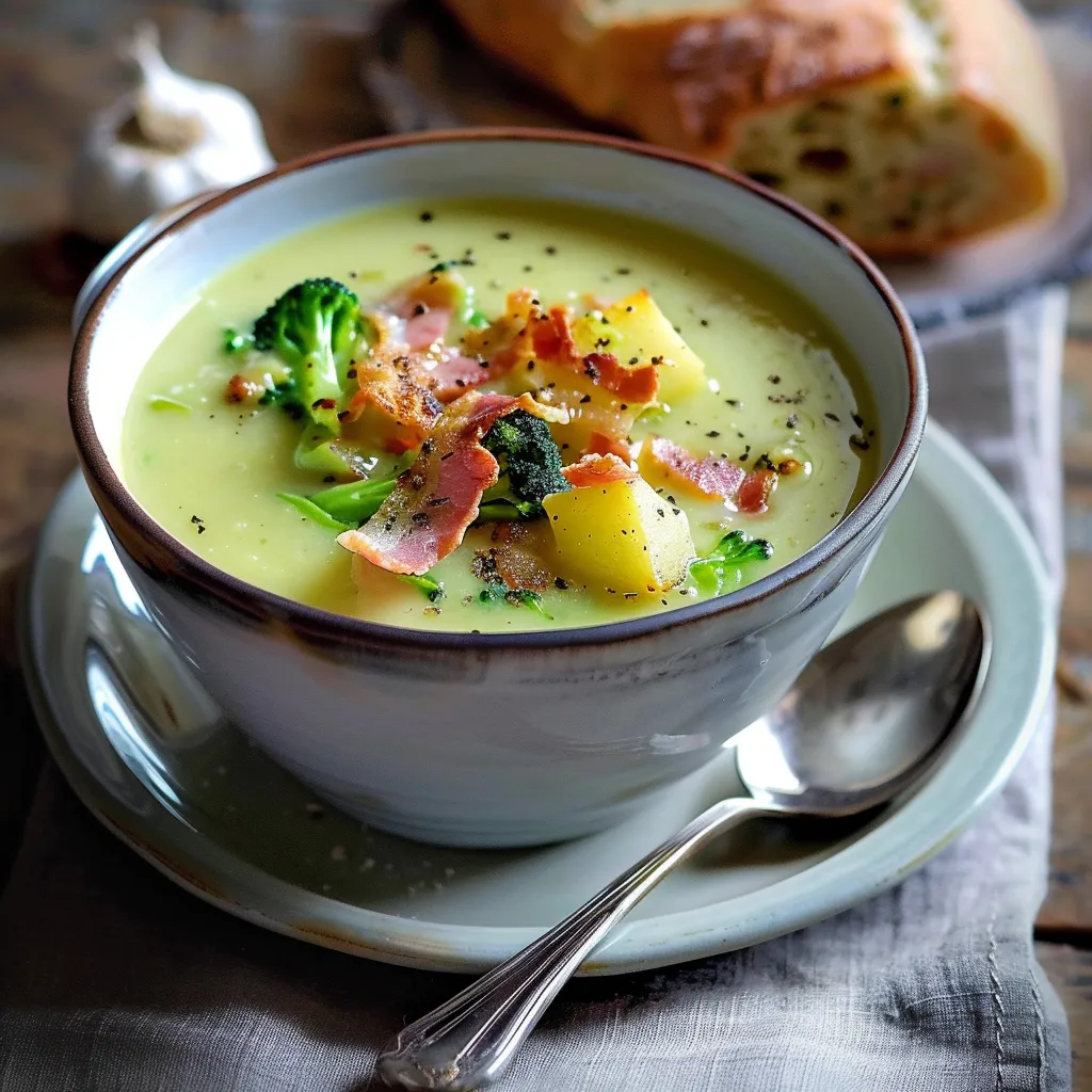 Soupe au brocoli avec Boursin ail et fines herbes, bacon croquant