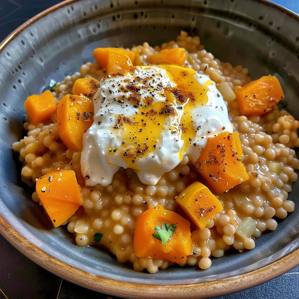 Risotto aux Perles du Japon, Potimarron et Burrata