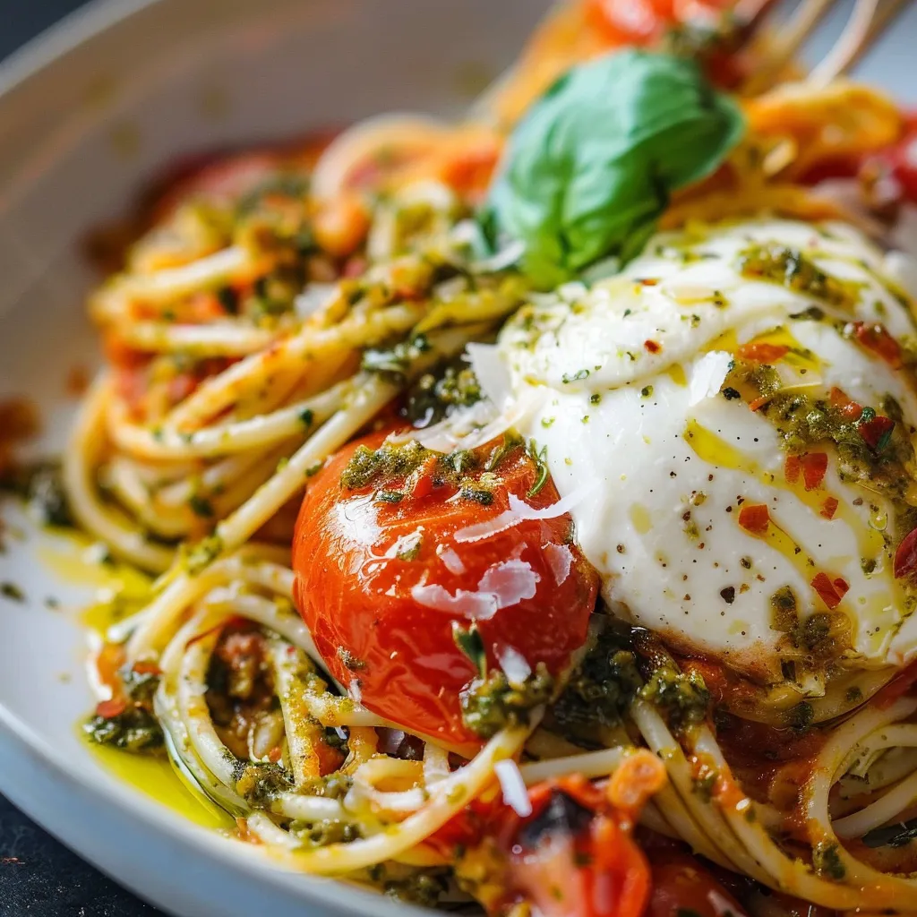 Spaghetti à la Stracciatella et Tomates Confites