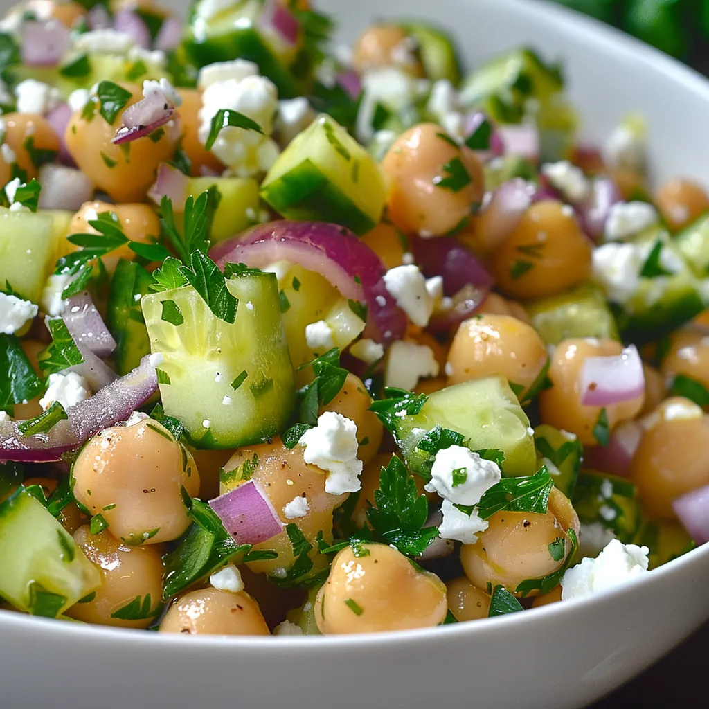 Salade fraîche avec pois chiches, feta et concombre