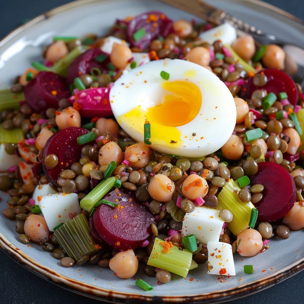 Salade de lentilles savoureuse avec pois chiches, betterave et poireaux