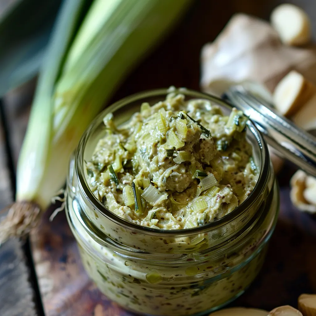 Rillettes végétales aux verts de poireaux servies sur du pain