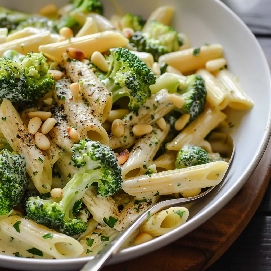 Pâtes au brocoli avec sauce crémeuse et pignons de pin