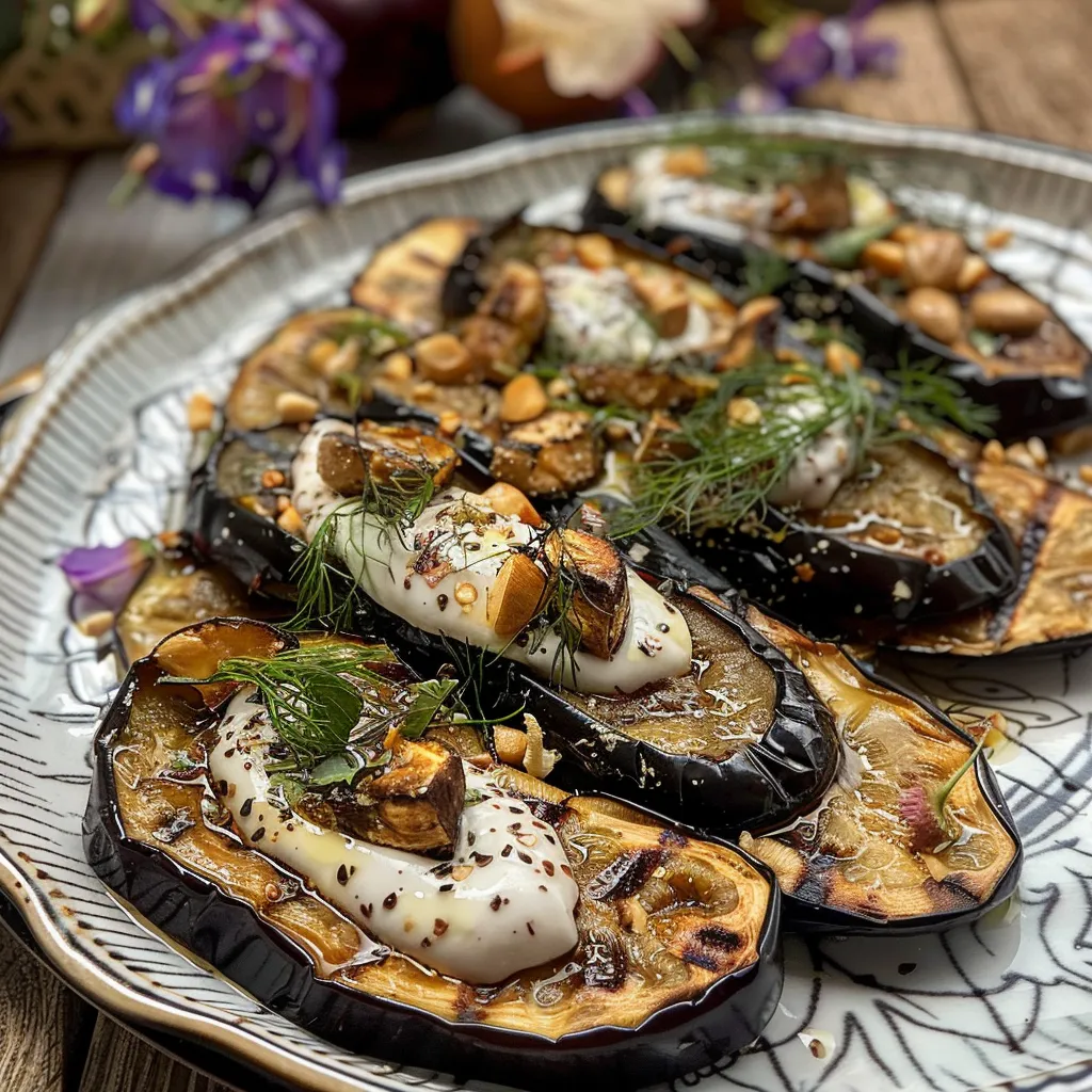 Aubergines confites à l'ail noir et yaourt fermier