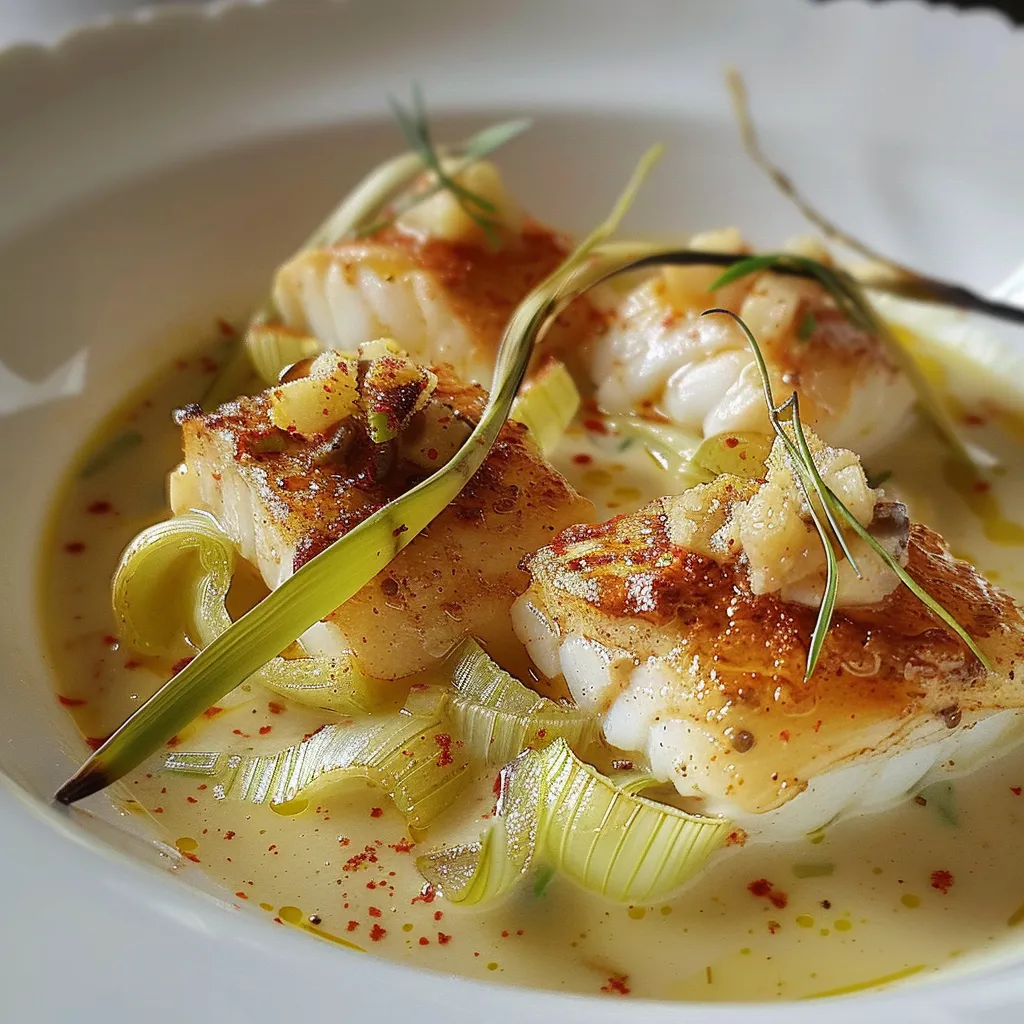 Blanquette de cabillaud au curry, poireaux croustillants