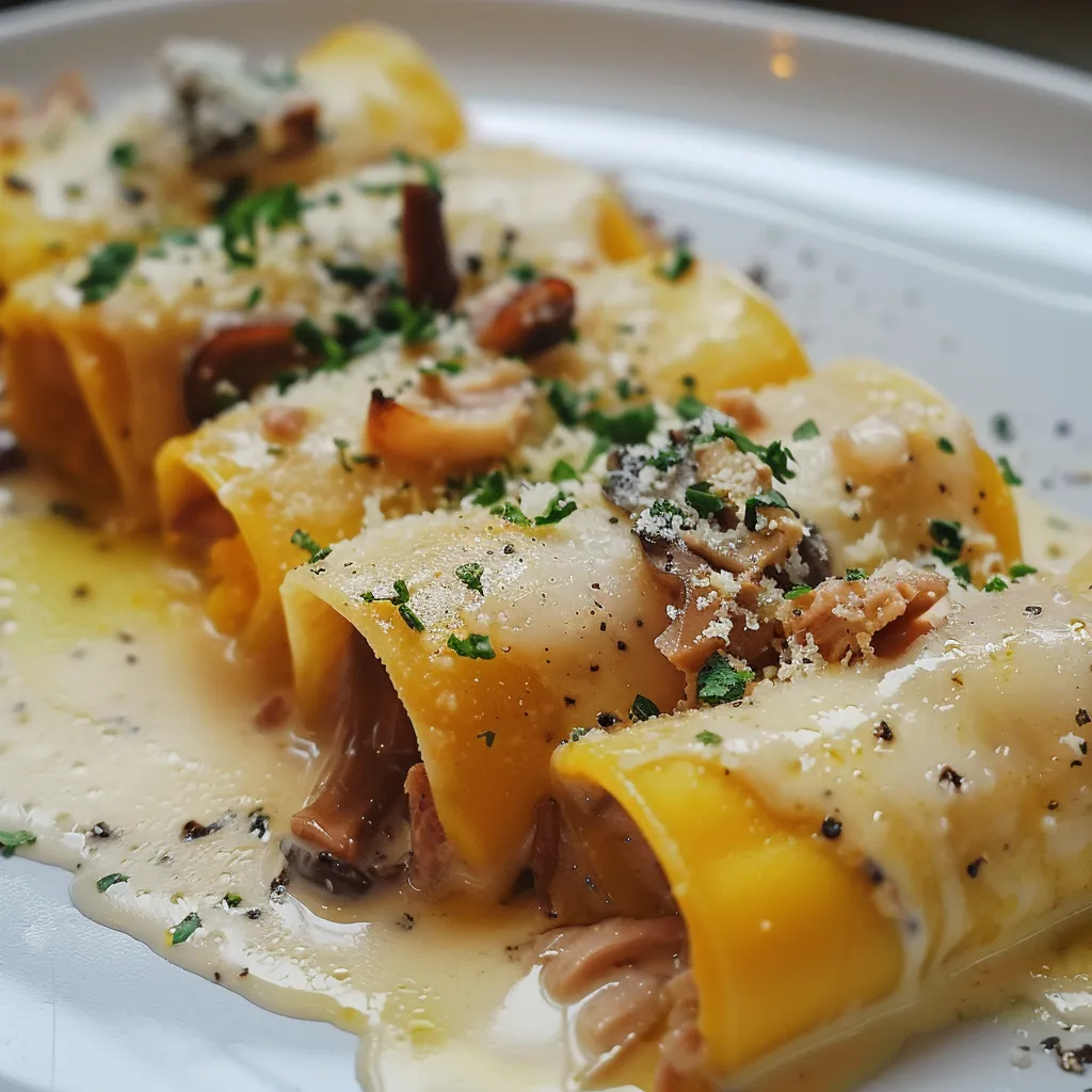 Cannelloni délicieux avec confit de canard, foie gras et purée savoureuse au potimarron