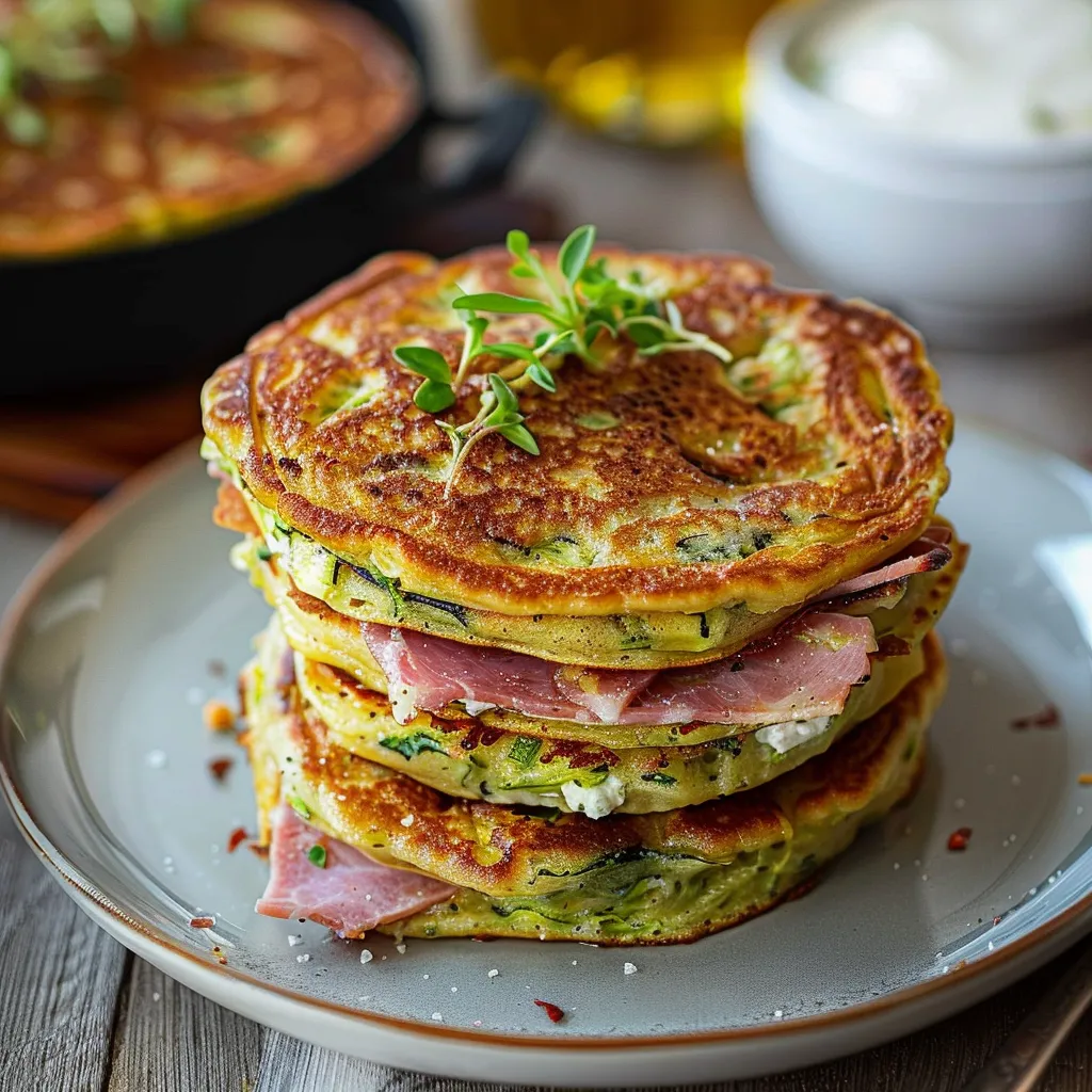 Délicieux pancakes farcis au chèvre et morceaux de jambon