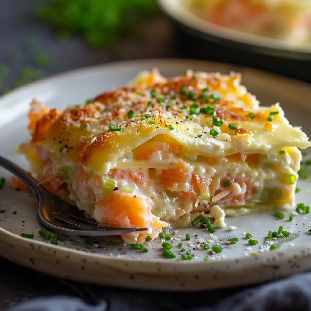 Gratin maison aux ravioles dauphinoises, poireaux et saumon