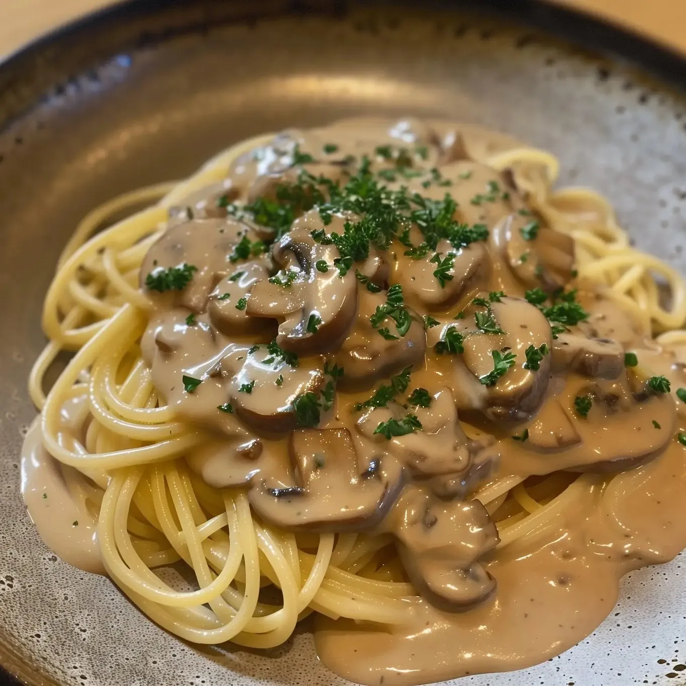 A plate of spaghetti with mushrooms and cheese.