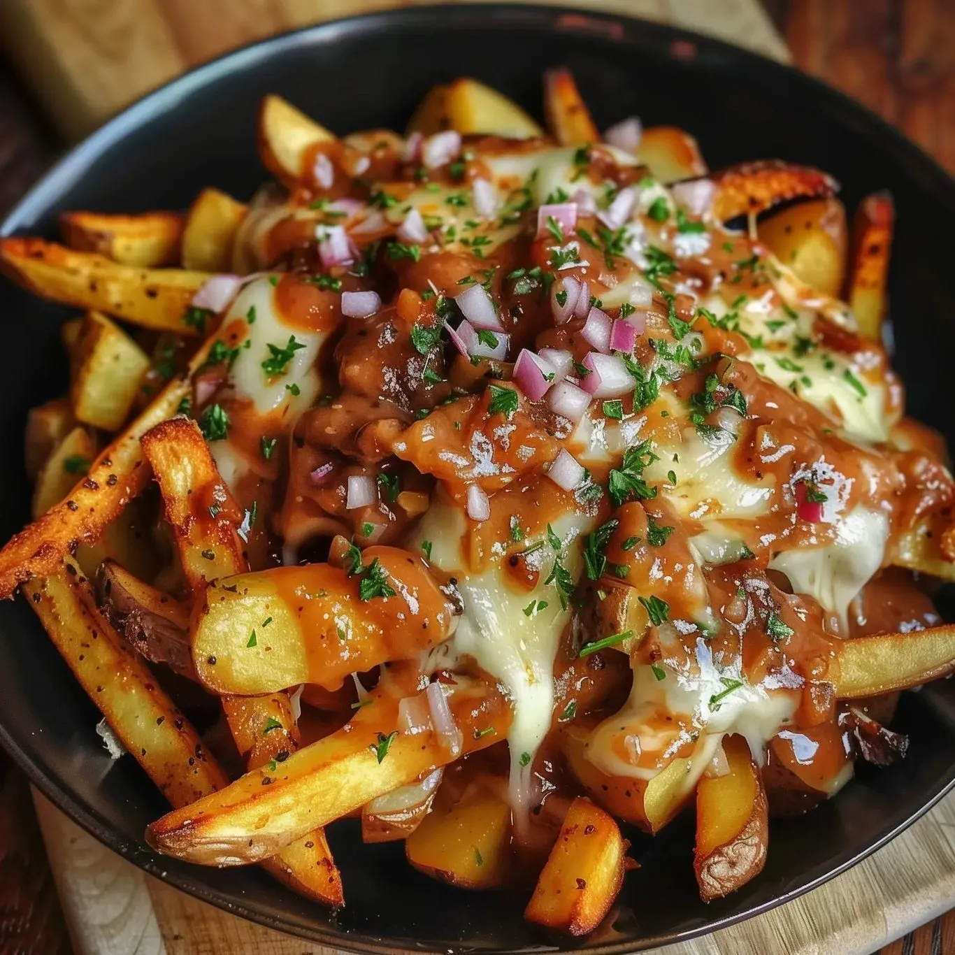 A bowl of french fries with cheese and onions.