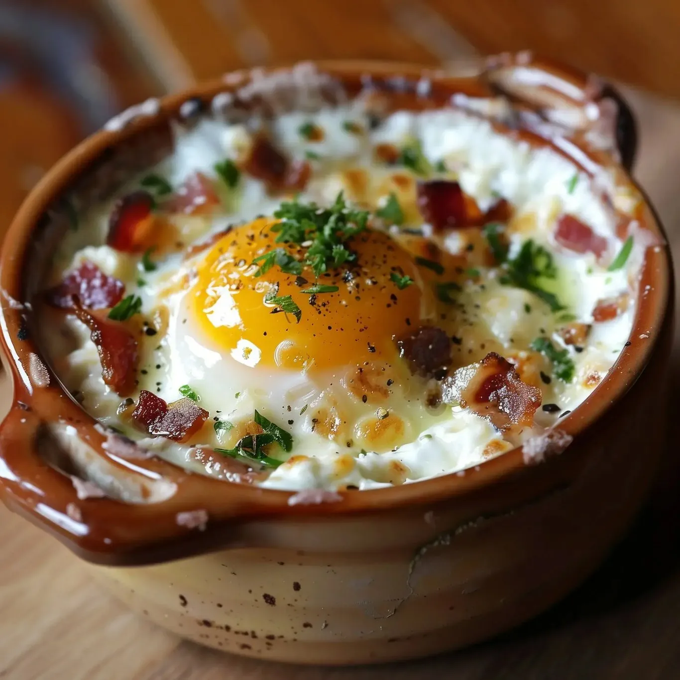 A bowl of food with an egg in it.