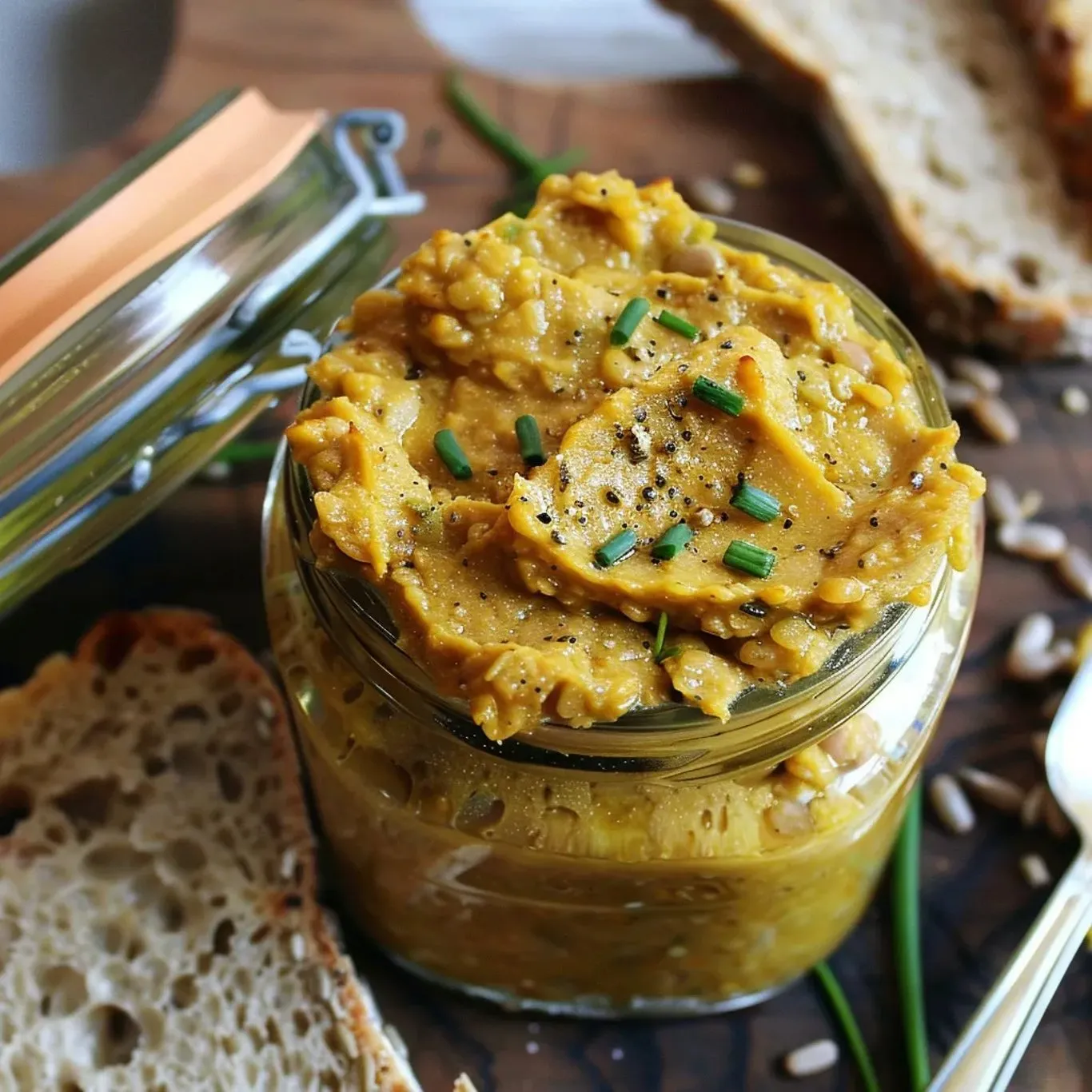 A jar of food with a spoon in it.