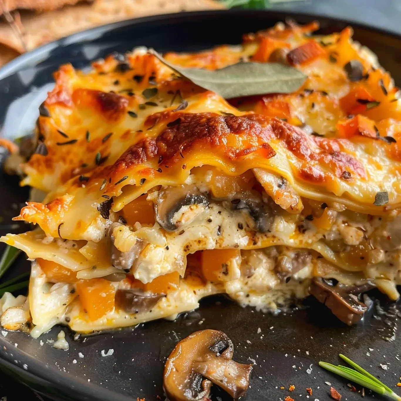 A slice of lasagna with mushrooms and cheese.