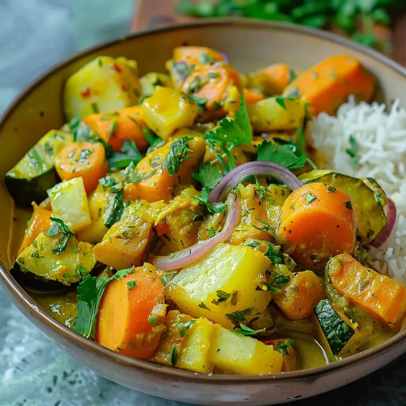 Une assiette de légumes et de riz.